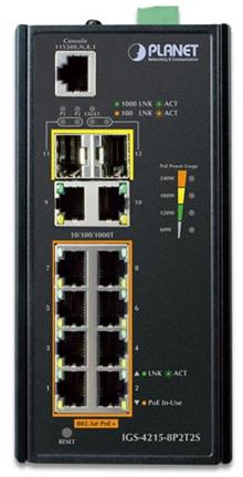 IP30 Industrial L2/L4 8-Port 10/100/1000T 802.3at PoE + 2-Port 10/100/100T + 2-Port 100/1000X SFP Managed Switch (-40~75 degrees C), dual redundant power input Planet IGS-4215-8P2T2S фото, купить, цена, магазин